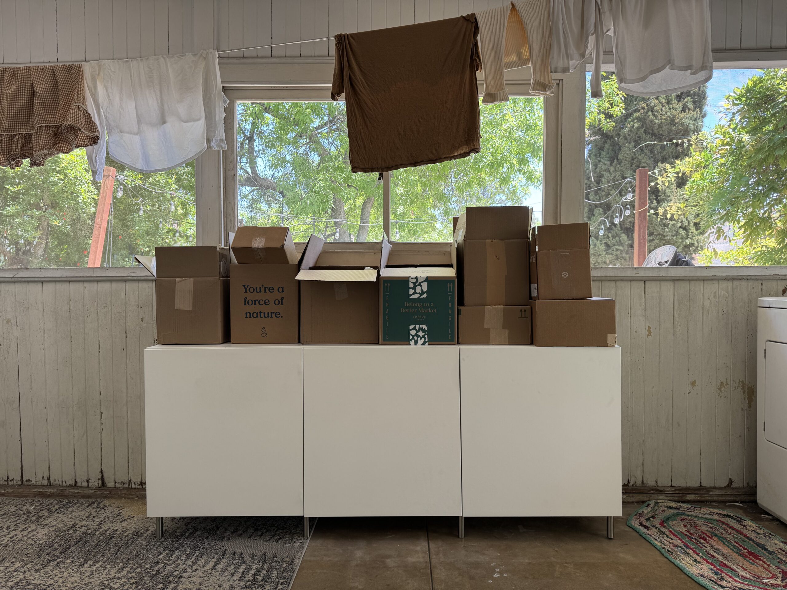 A row of cardboard boxes sits atop a white cabinet, with laundry hanging to dry above and outside trees visible through large windows.