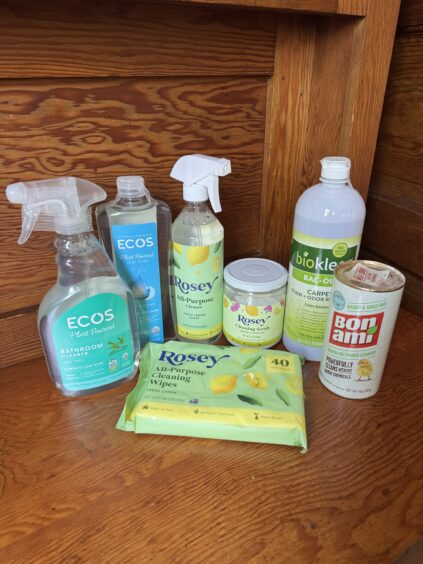 A collection of cleaning products including spray bottles, wipes, powders, and liquids arranged on a wooden surface. Brands include ECOS, Rosey, biokleen, and Bon Ami.