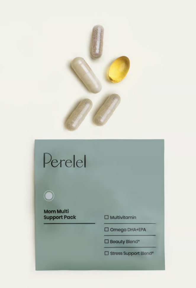A packet labeled "Perelel Mom Multi Support Pack" with five capsules nearby, including four beige and one yellow capsule.