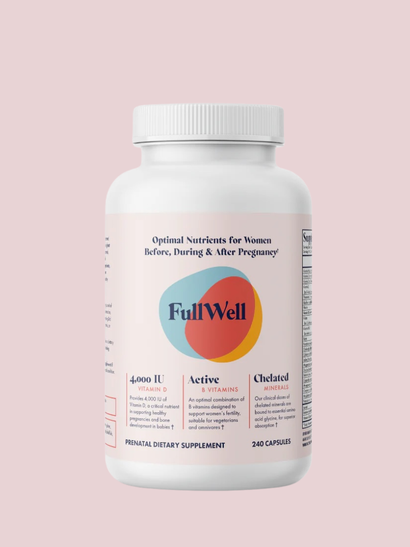 A white bottle labeled "FullWell" with prenatal dietary supplement information, containing 240 capsules, on a light pink background.