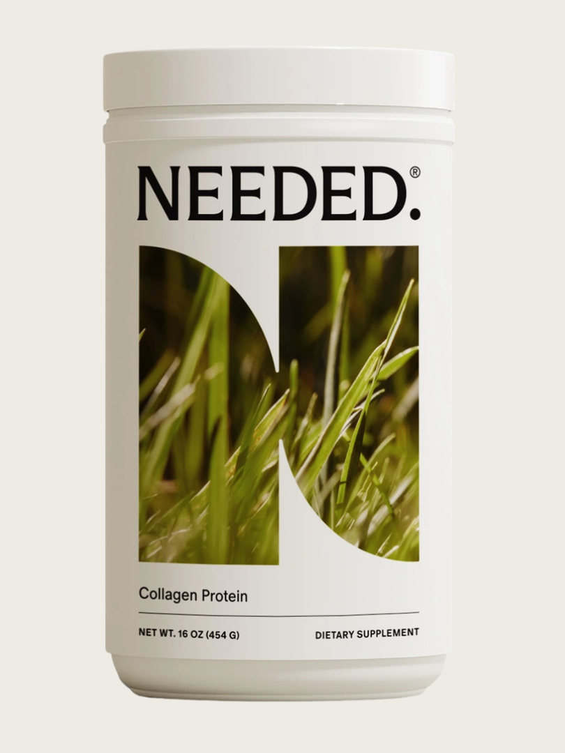 White container of Needed Collagen Protein with grass image on label, 16 oz (454 g), dietary supplement.