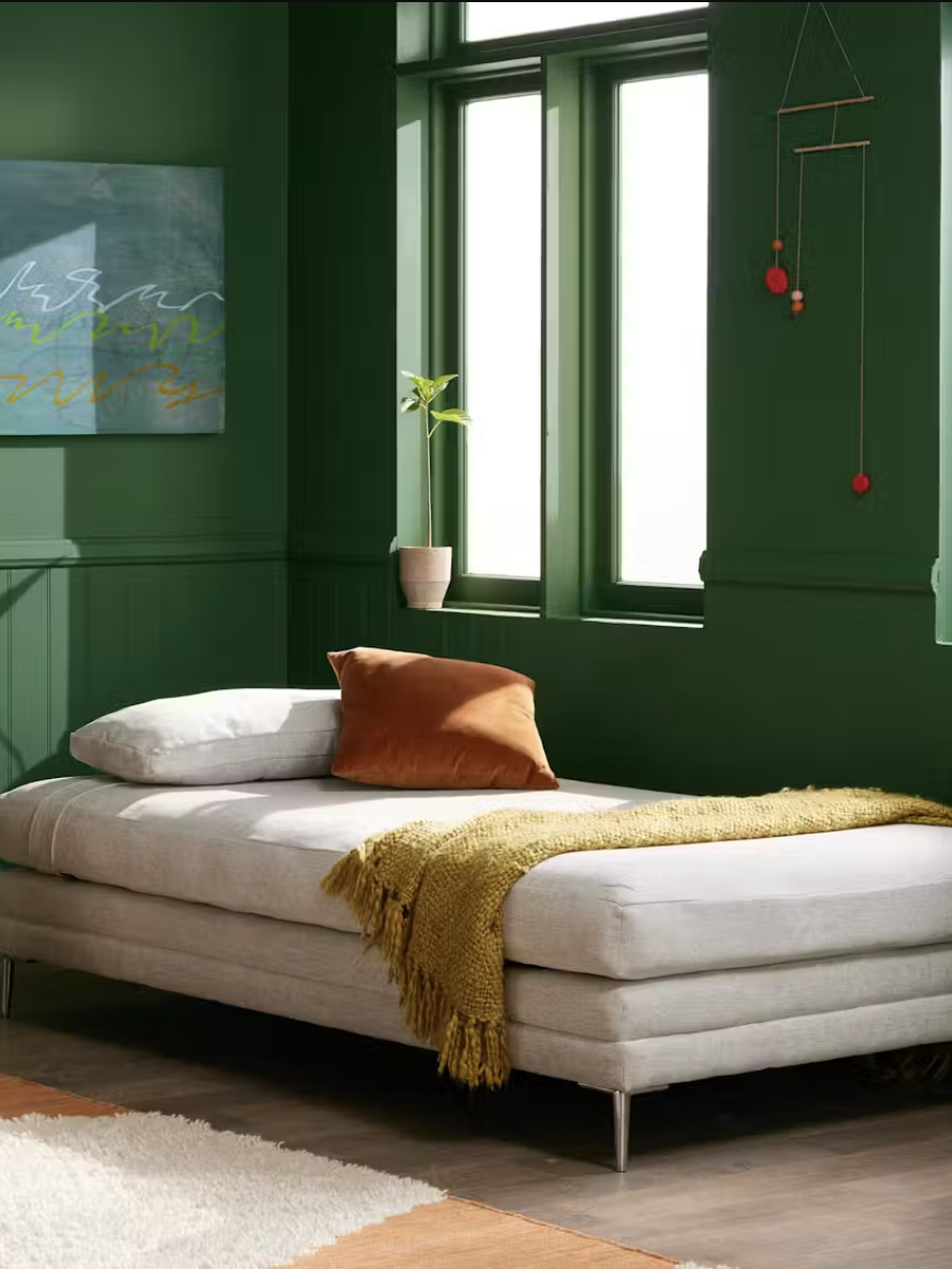 Green-walled room with a white daybed, orange pillow, and green throw blanket. A painting and plant hang on the wall. Natural light from large windows illuminates the space.