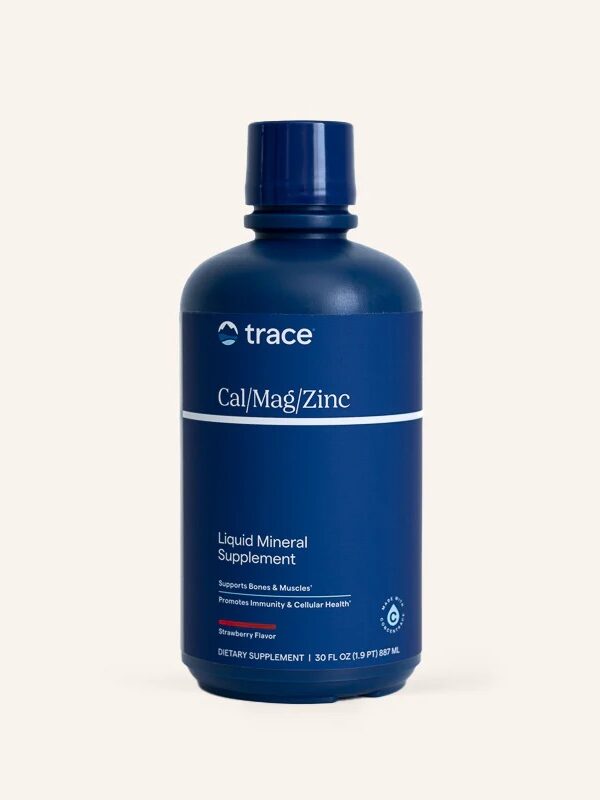 Blue bottle labeled "Cal/Mag/Zinc Liquid Mineral Supplement" with a screw cap. Text highlights support for bones, muscles, immunity, and cellular health. Strawberry flavor, 30 fl oz. Dietary supplement.