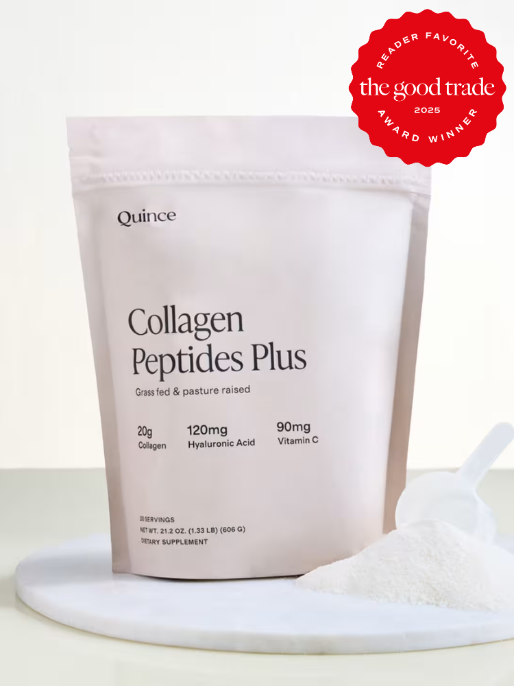 A package of Quince Collagen Peptides Plus with a scoop of powder beside it. The package highlights collagen, hyaluronic acid, and vitamin C content. An award badge is in the corner.