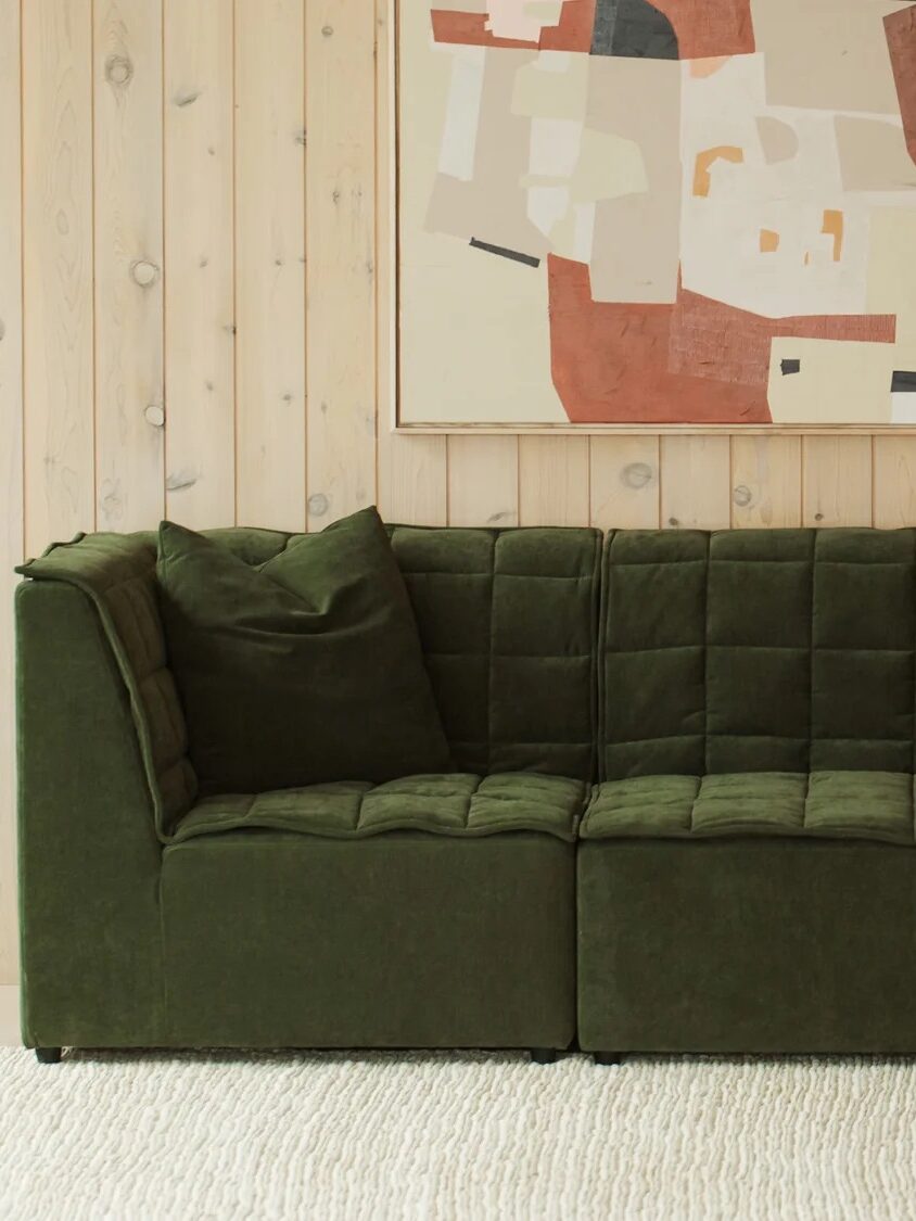 A dark green sofa with cushions sits in front of a light wood-paneled wall. Above it hangs an abstract painting with earthy tones. A plant and lamp are partially visible on the side.