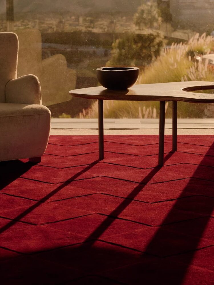 A modern living room with a red carpet, an armchair, and a wooden coffee table with a bowl. Sunlight casts shadows through a large window overlooking a scenic view.