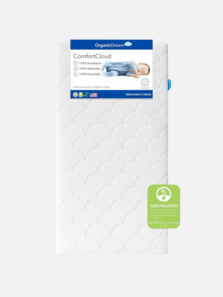 OrganicDream ComfortCloud mattress with a scallop pattern, suitable for babies, 100% breathable, washable, recyclable. Features GREENGUARD Gold certification.