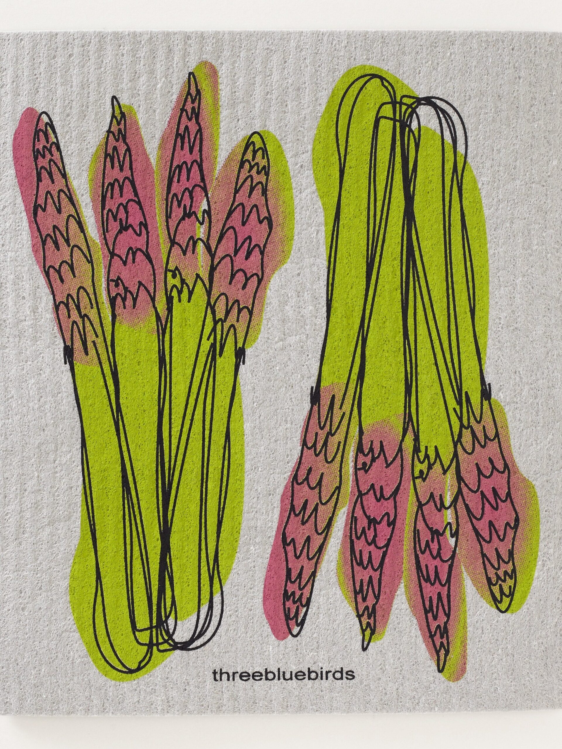 Abstract illustration of pink asparagus on a pale background with green accents, accompanied by the text "threebluebirds" at the bottom.