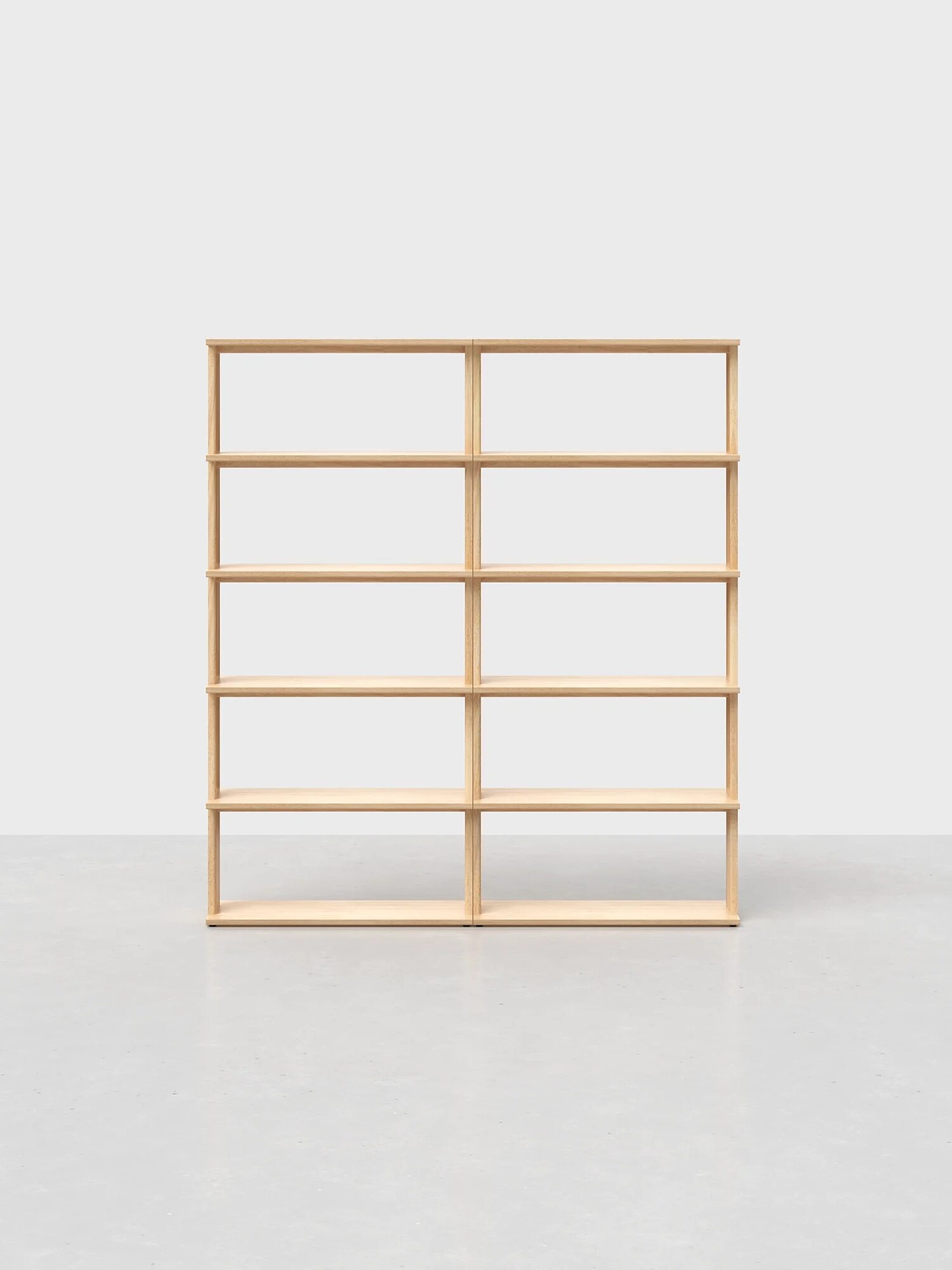 A wooden shelving unit with four columns and four rows of open shelves is set against a plain white background.