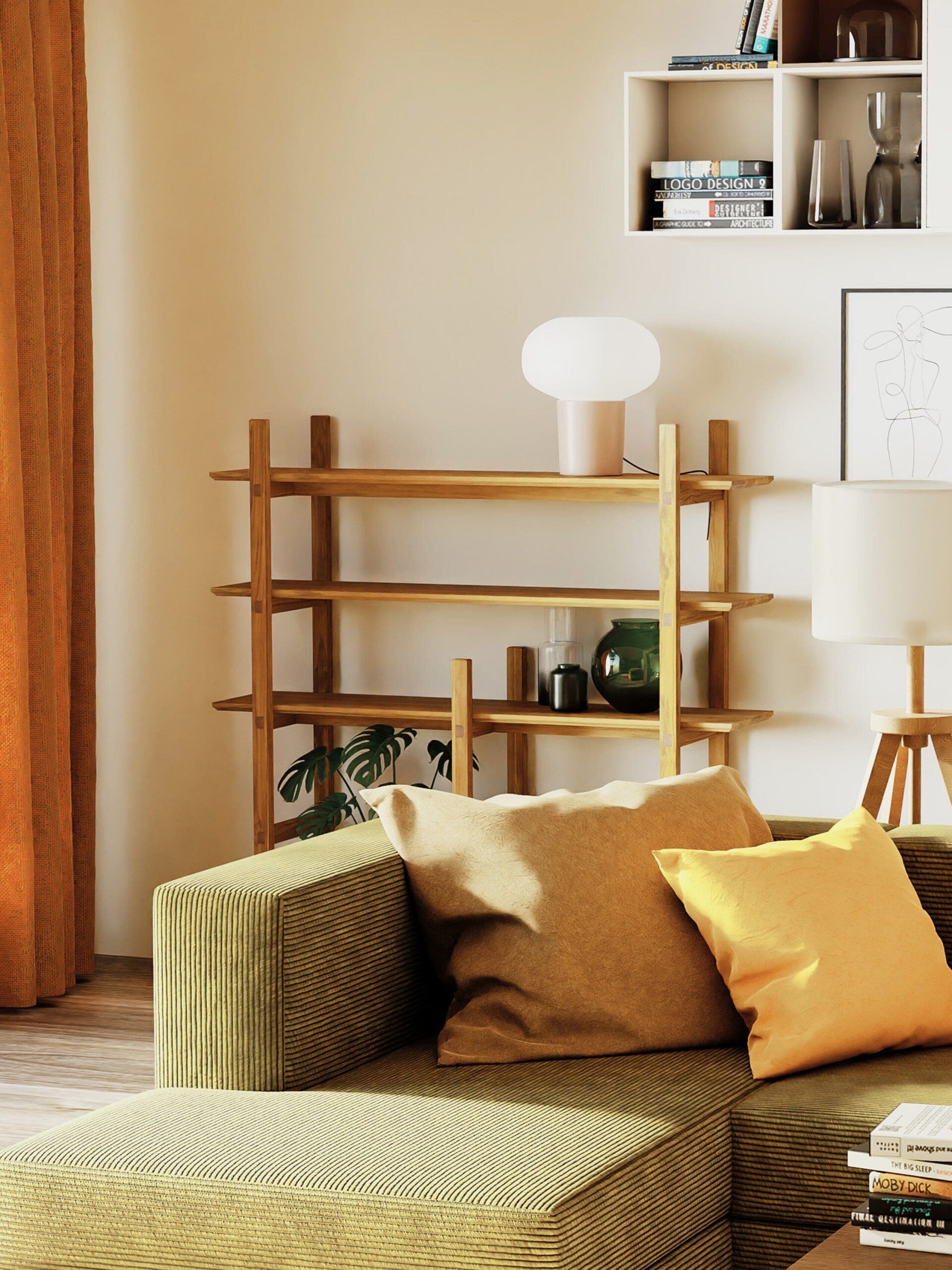 A cozy living room with a green sofa, yellow and brown cushions, a wooden shelf with books and decor, a white lamp, framed artworks on the wall, and orange curtains.