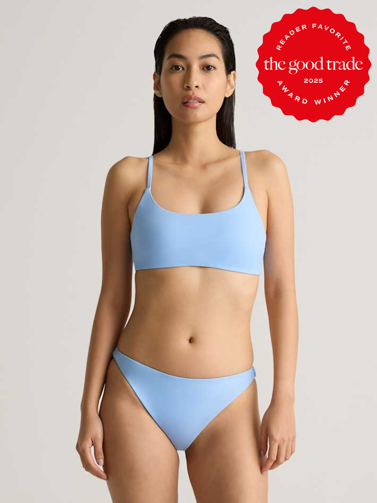 Person wearing a light blue bikini, standing against a neutral background. A red badge in the top right corner reads, "Reader Favorite, The Good Trade, 2023 Award Winner.