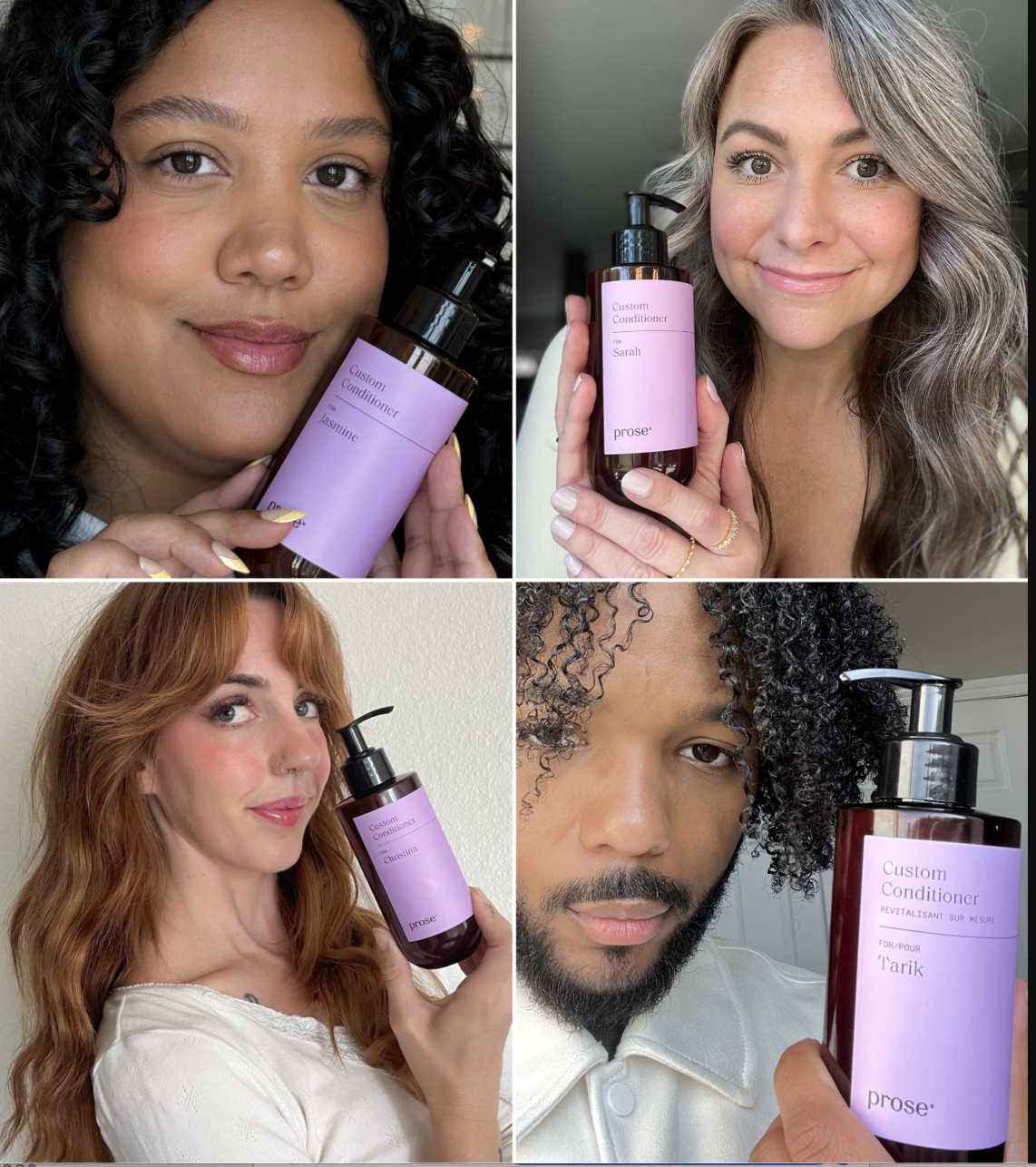 Four individuals holding personalized Prose shampoo bottles with different names on each label, smiling at the camera.