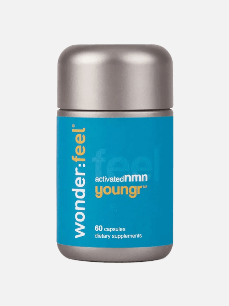 A bottle of Wonderfeel Activated NMN Youngr dietary supplement containing 60 capsules, with a blue label and silver cap.