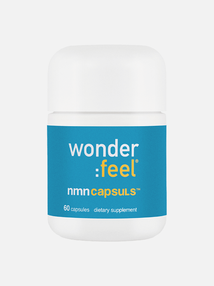 A white plastic bottle labeled "wonderfeel nmn capsules," containing 60 dietary supplement capsules.