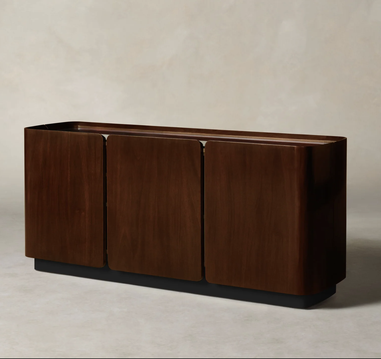 A modern, dark wood sideboard with three smooth, rectangular cabinet doors and a minimalist design, set against a neutral background.