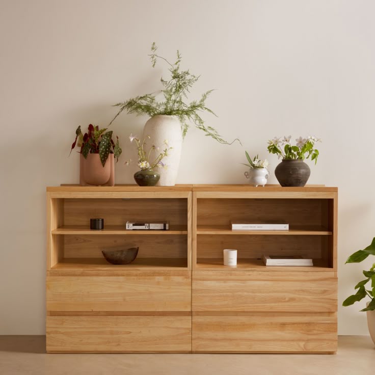 Light wooden cabinet with open shelves, decorated with potted plants, vases, and a few books against a neutral wall.