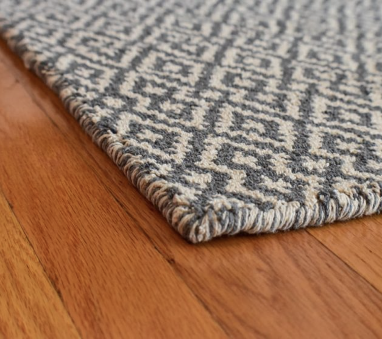 Close-up of a gray and white geometric-patterned rug on a wooden floor.