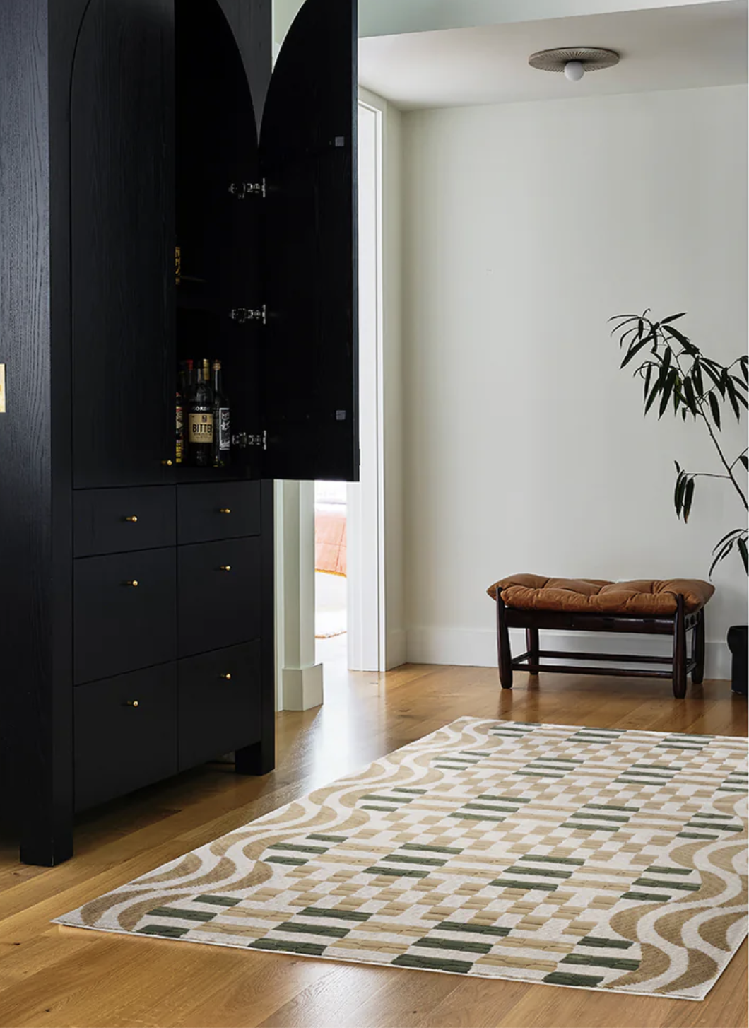 Interior featuring a patterned rug on a wooden floor, a dark cabinet with open doors showing bottles, a plant, and a bench against a light wall by a door.