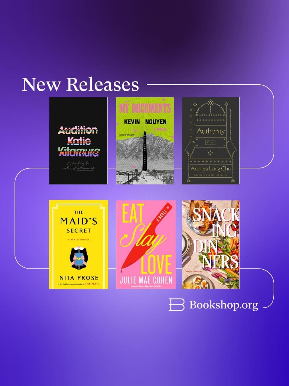 Image displaying six book covers titled "Audition," "My Documents," "Authority," "The Maid's Secret," "Eat Slay Love," and "Snacking Dinners" under the heading "New Releases" with a purple background.
