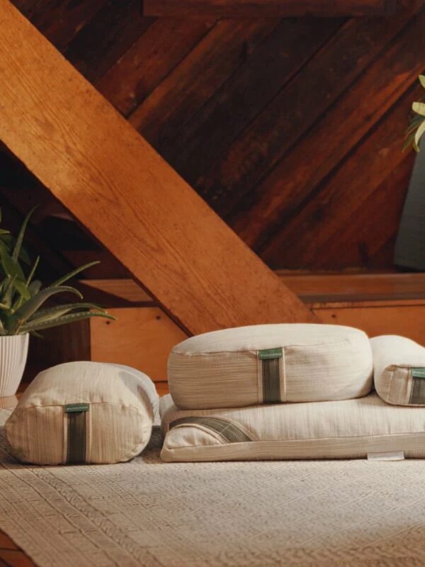 Three beige yoga cushions and a mat are arranged on a rug in a room with wooden walls and houseplants.