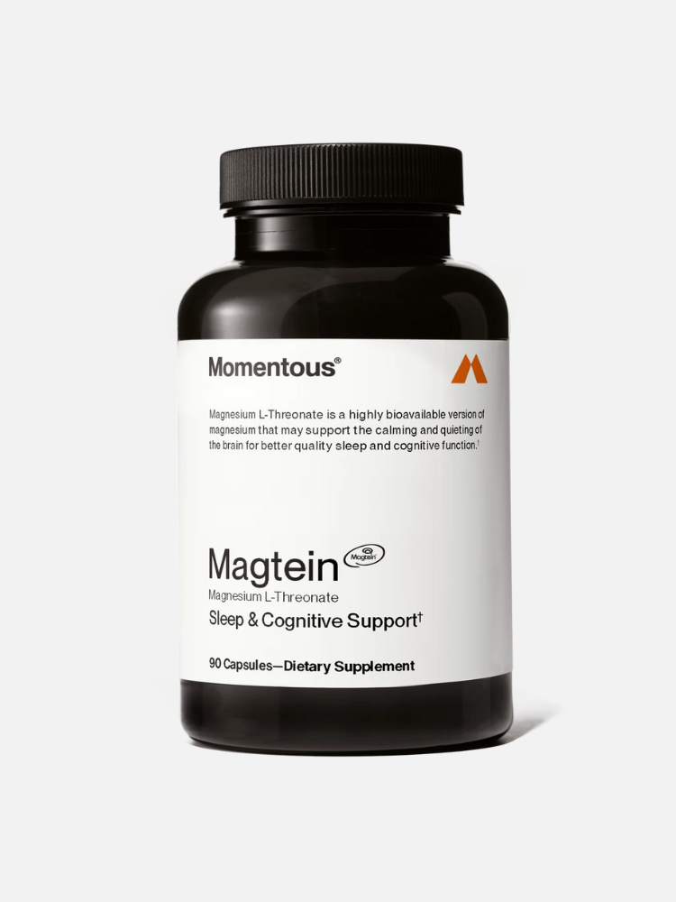 Black bottle of Momentous Magtein sleep and cognitive support dietary supplement with 90 capsules.