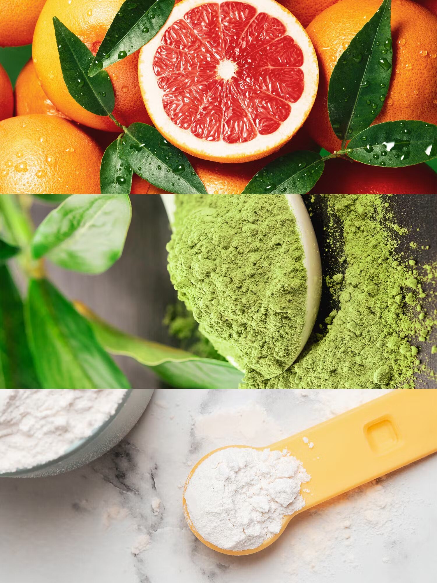A split image showing baking soda on a yellow measuring spoon, matcha powder with green leaves, and a halved grapefruit with whole ones on a branch.