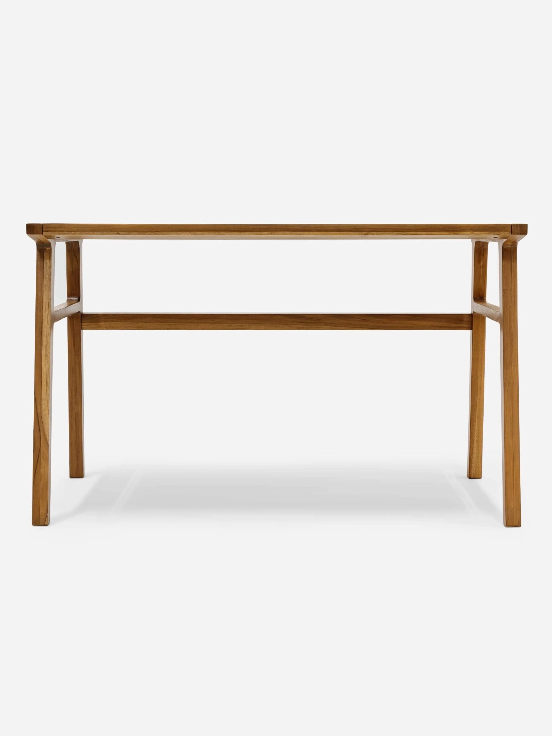 A wooden table with a simple rectangular design and four straight legs, viewed from the front.