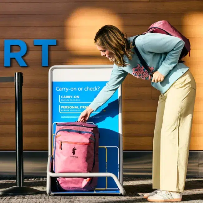 A woman places her pink backpack into an airline sizing bin to check if it meets the personal item size requirements at an airport.