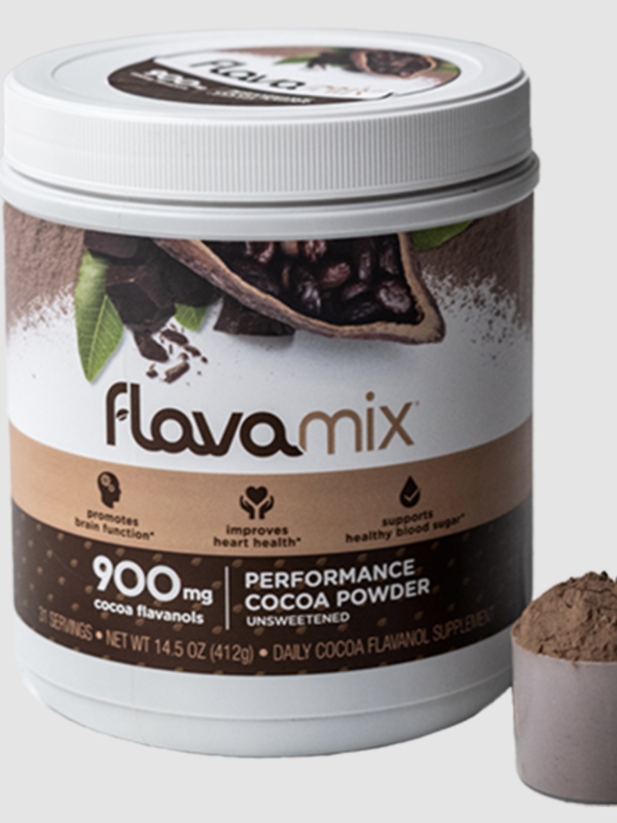 A container of FlavaMix Performance Cocoa Powder with a scoop of cocoa powder on the side. The label highlights benefits like heart health and contains 900mg cocoa flavanols.