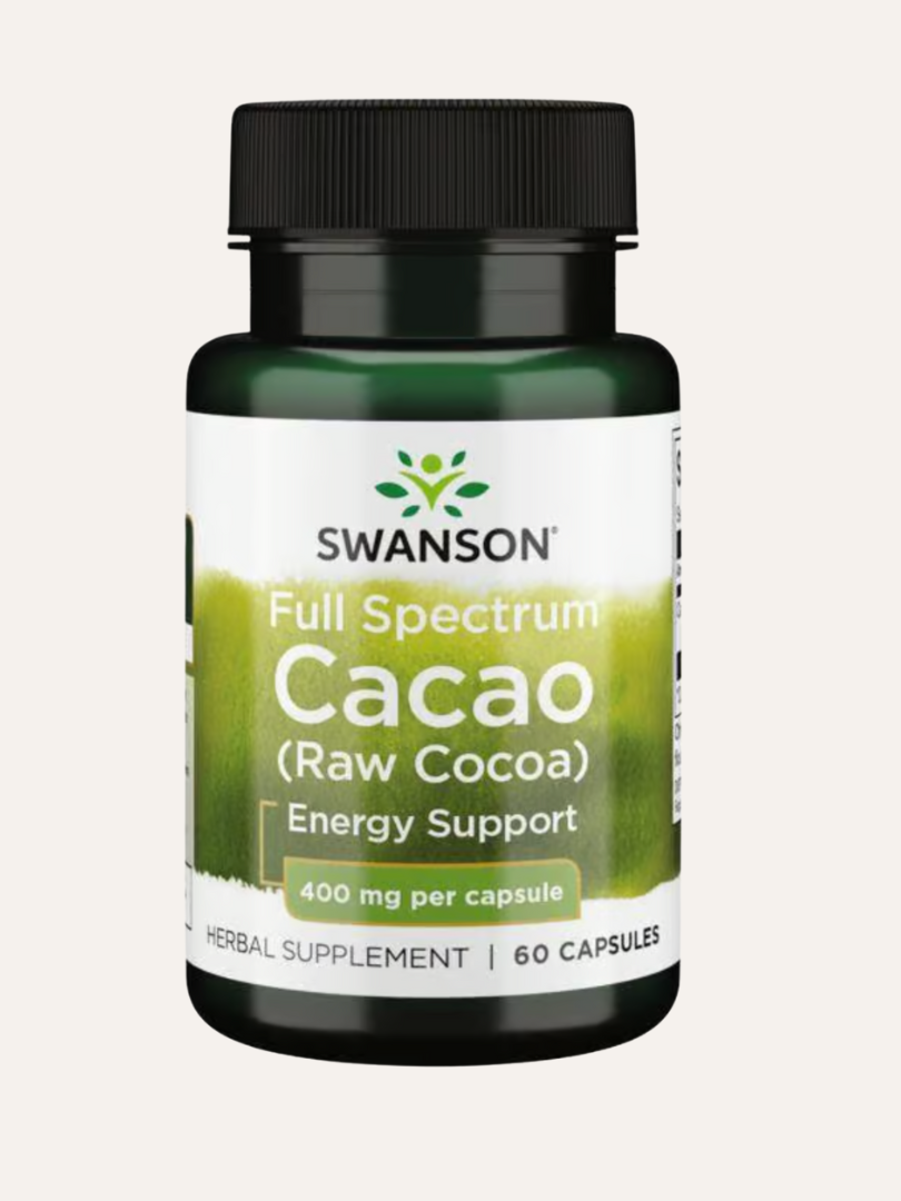 A bottle of Swanson Full Spectrum Cacao (Raw Cocoa) herbal supplement, labeled for energy support with 60 capsules and 400 mg per capsule.