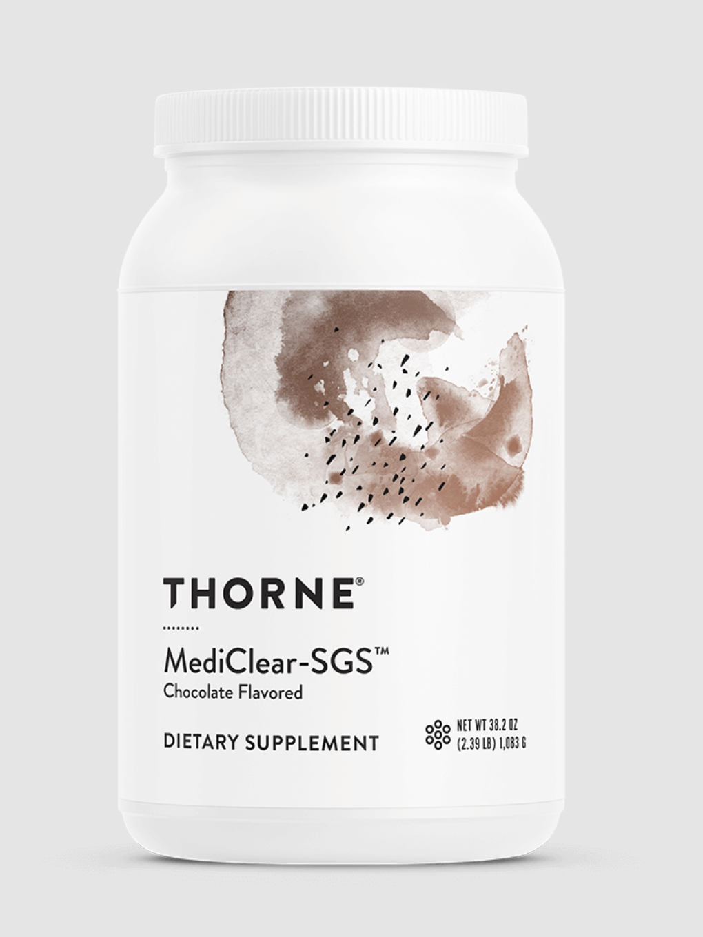 A white plastic container labeled "Thorne MediClear-SGS Chocolate Flavored Dietary Supplement," with abstract brown artwork on the front.