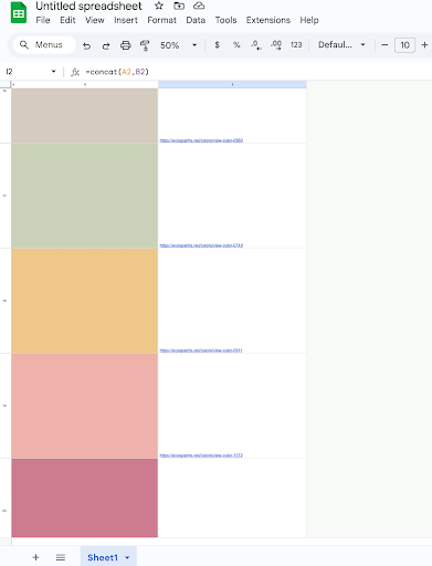 A Google Sheets spreadsheet with six colored cells in the first column and URLs in the second column, displayed in “Sheet1.”.