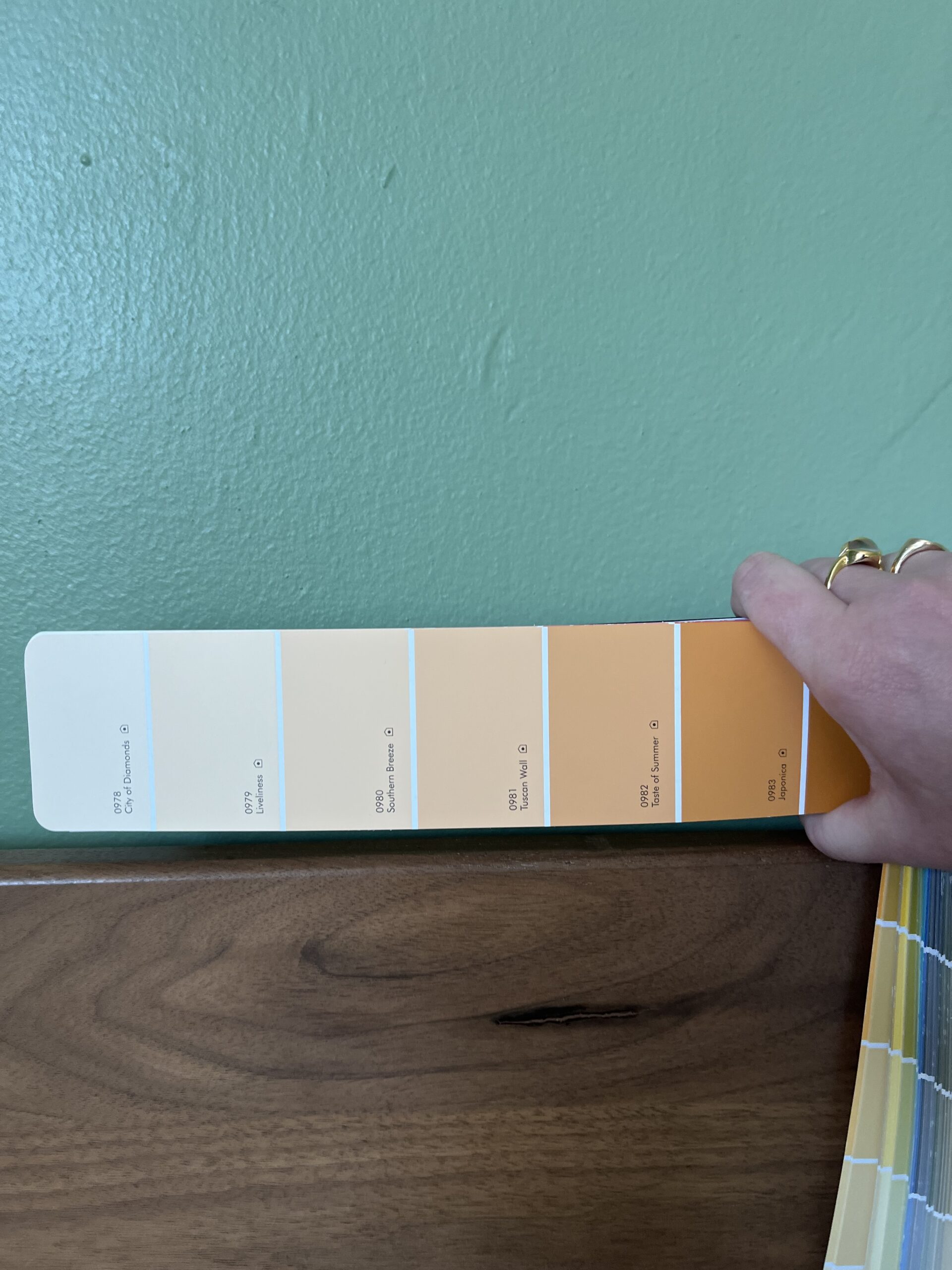 A hand holds a paint sample card with five shades of yellow and orange against a green wall above a wooden surface.