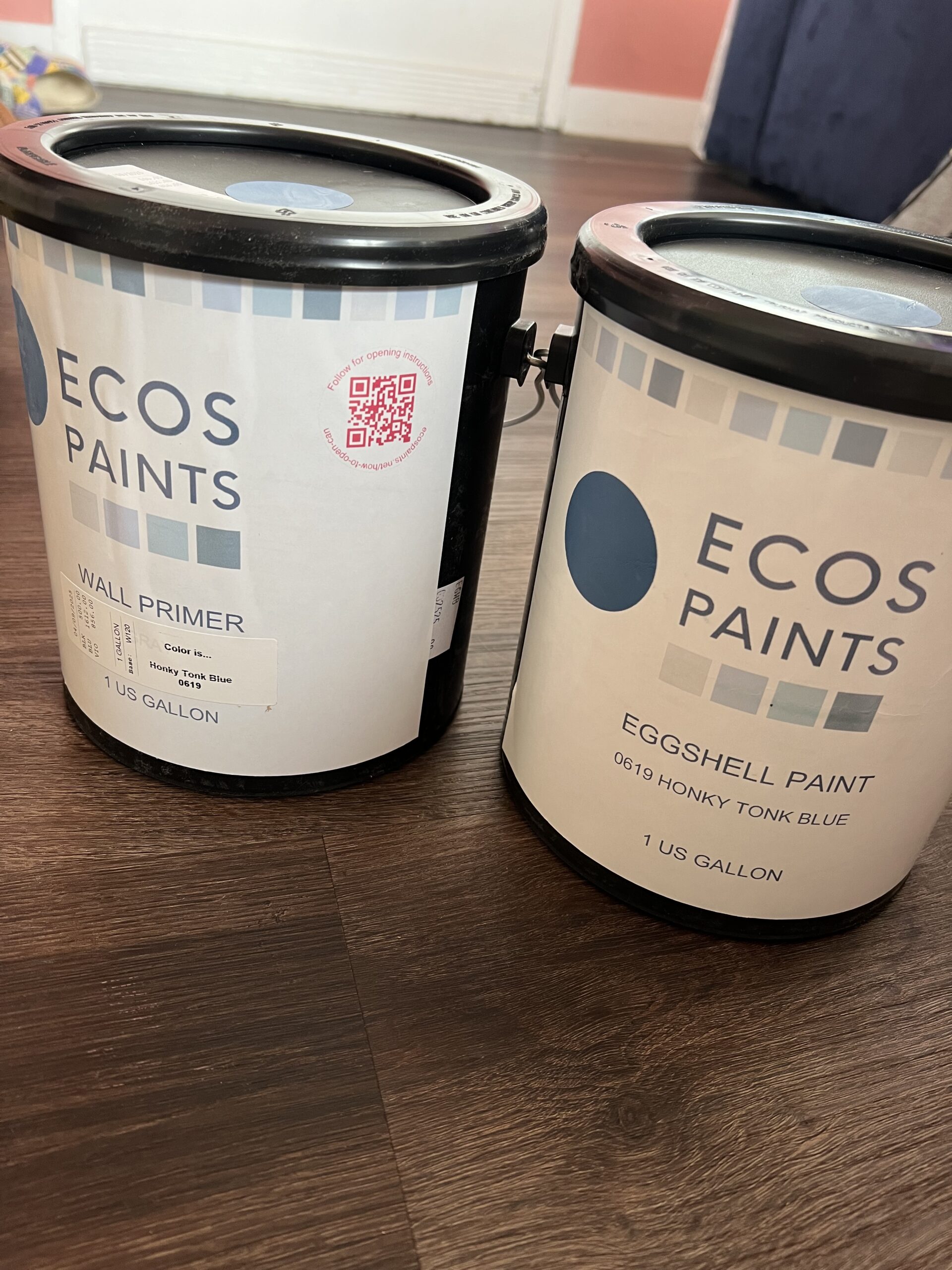 Two 1-gallon cans of ECOS Paints sit on a wood floor; one labeled "Wall Primer" and the other "Eggshell Paint 0619 Honky Tonk Blue.