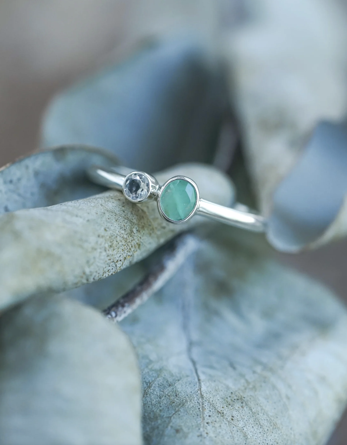A silver ring with one round clear stone and one oval green stone, resting on pale blue-gray leaves.