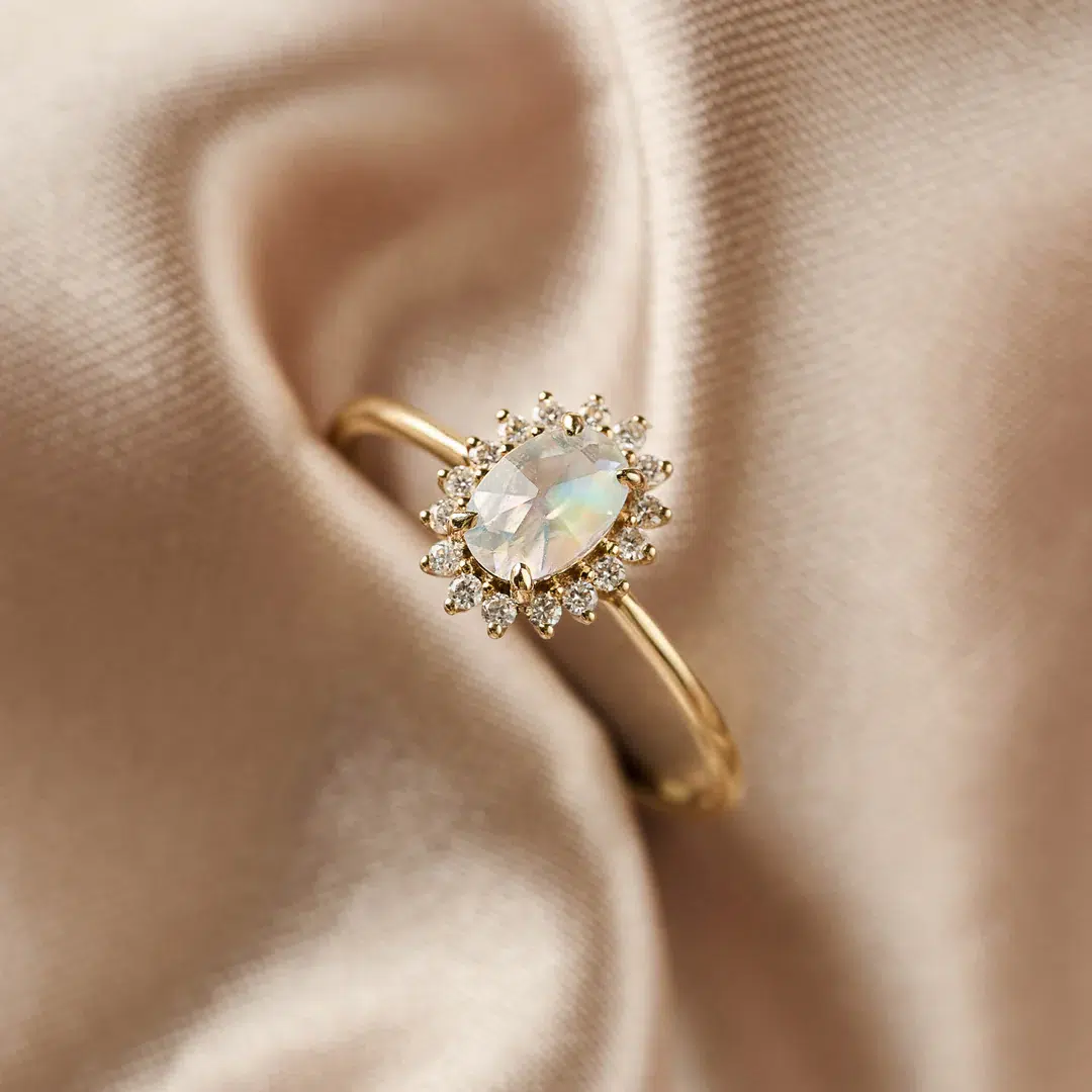 Gold ring with an oval center gemstone surrounded by small diamonds, displayed on a light beige satin fabric background.