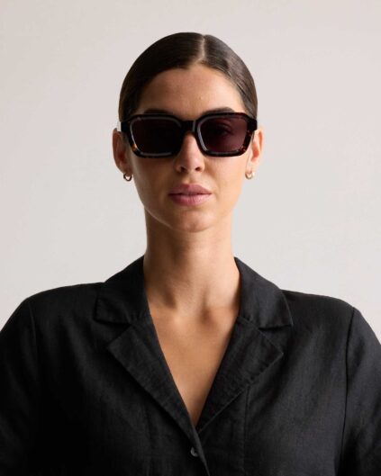 A woman wearing dark sunglasses and a black collared shirt poses against a plain light background.