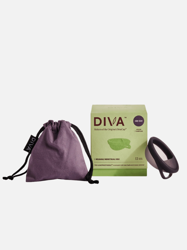 DIVA menstrual disc with a purple storage pouch and green packaging displayed on a white background.