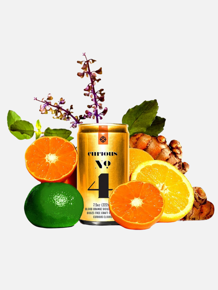 A can of Curious No. 4 beverage is surrounded by a lime, sliced orange, tangerine halves, ginger root, bay leaves, and a sprig of purple flowers on a white background.