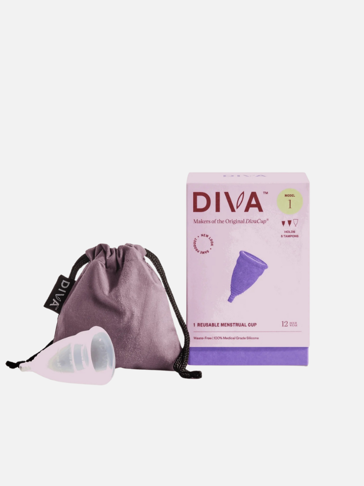 A menstrual cup, storage pouch, and a DivaCup box labeled “Model 1” are displayed on a white background.