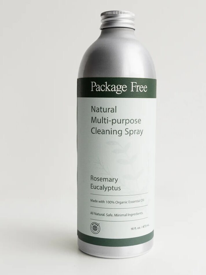 A silver bottle labeled "Natural Multi-purpose Cleaning Spray" in rosemary eucalyptus scent, with "Package Free" branding and an EWG Verified seal in the top right corner.