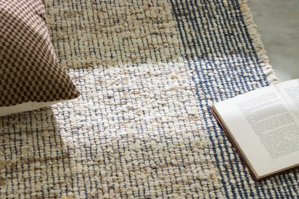 A checkered cushion, an open book, and a woven rug with blue and beige patterns are arranged on the floor with sunlight highlighting part of the rug.