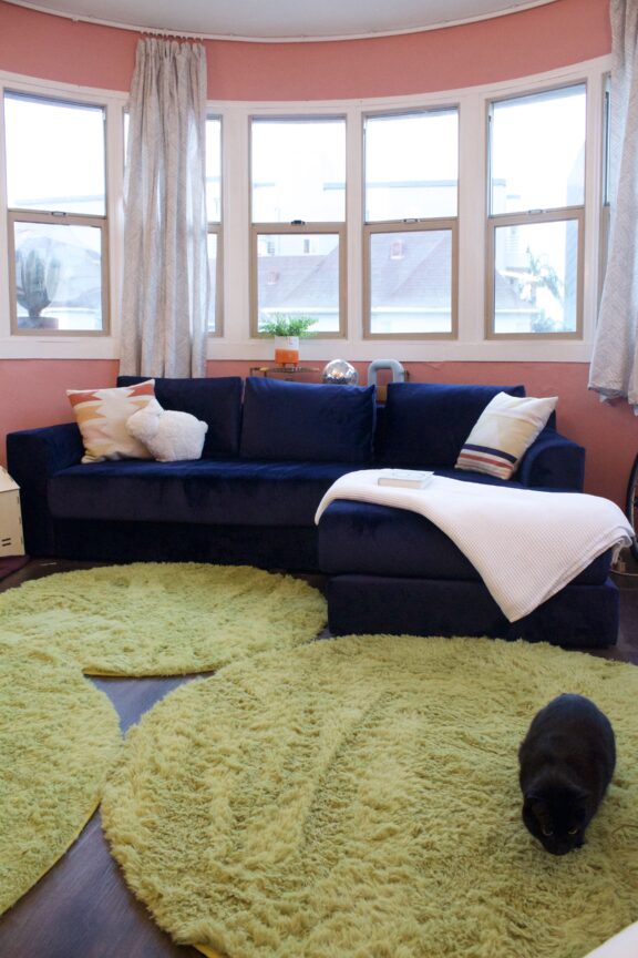 A navy blue sectional sofa with pillows and a white throw sits in front of windows with curtains. Light green rugs cover a dark floor, and a black cat is on one rug.