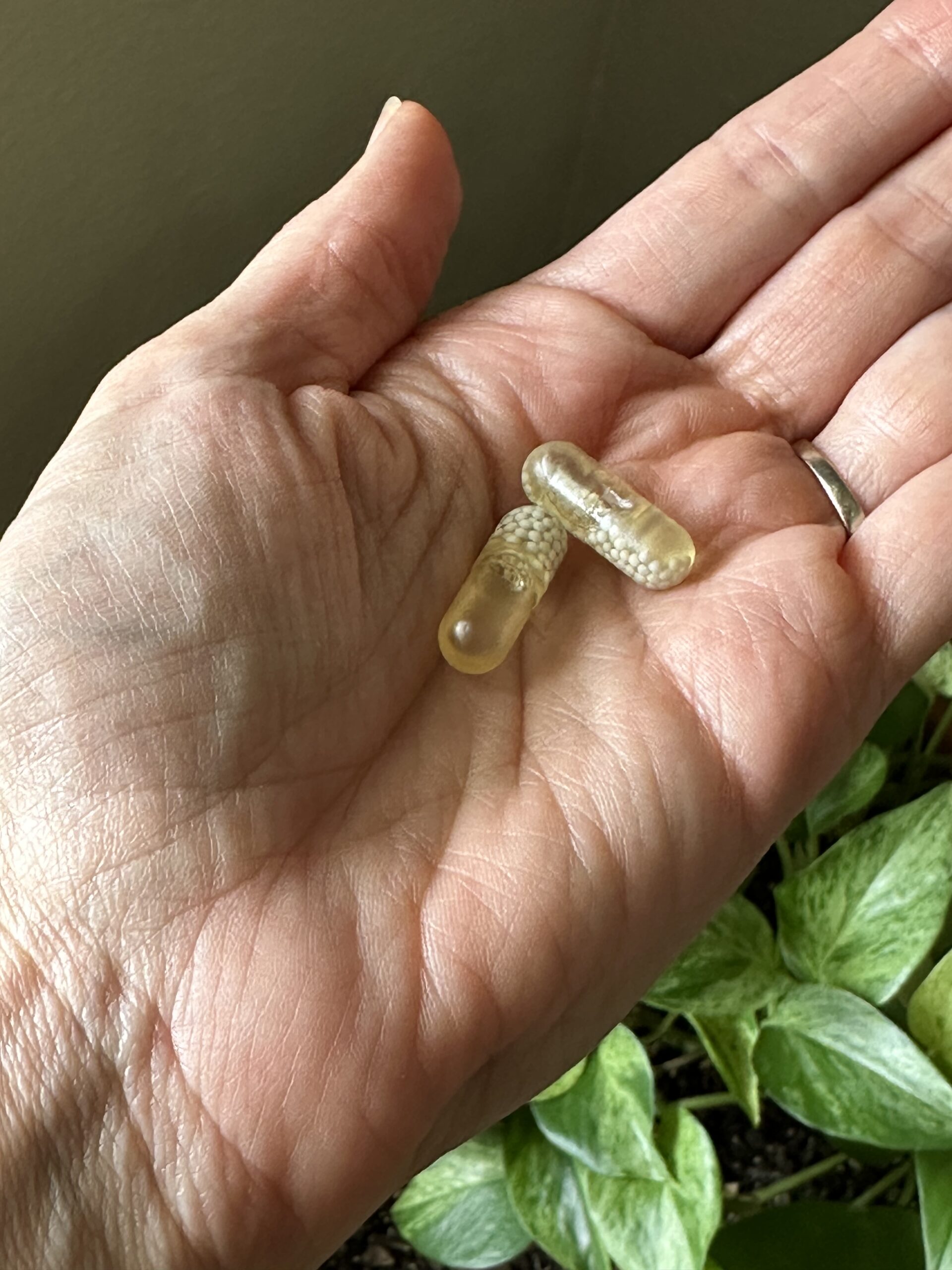 A hand holding two clear capsules, shown above a green leafy plant.