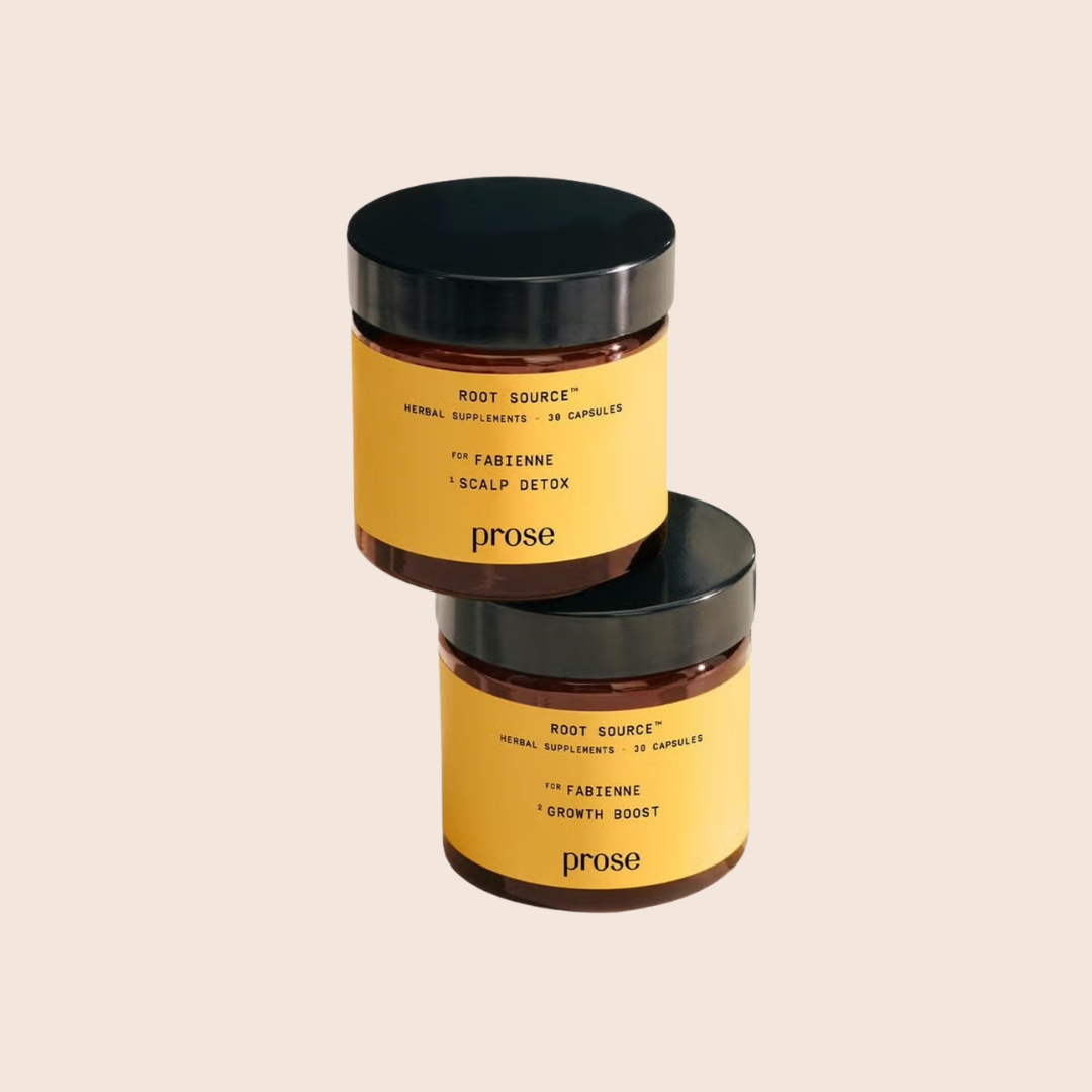Two stacked brown jars with yellow labels reading "Root Source Herbal Supplements" by Prose, labeled "Scalp Detox" and "Growth Boost.