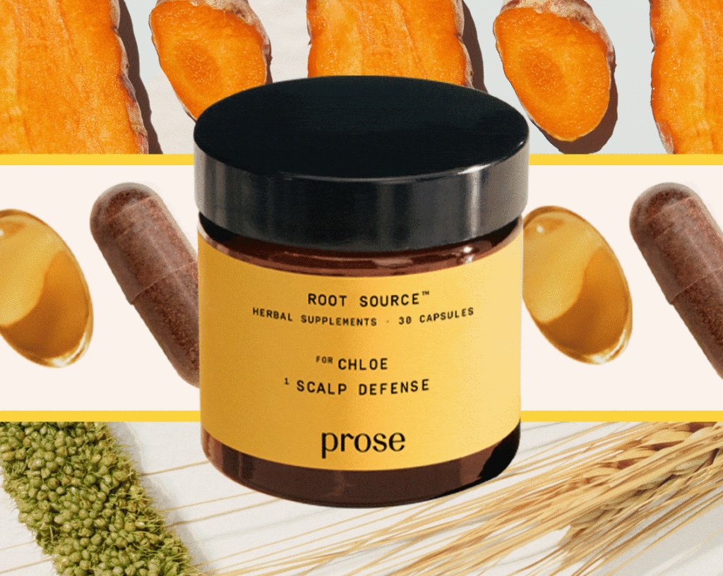 A jar labeled "Root Source Herbal Supplements" by Prose is surrounded by turmeric slices, capsules, and grains on a patterned background.