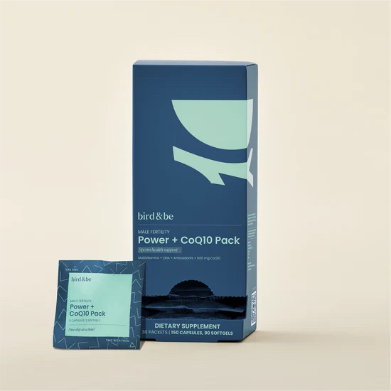A box and a single sachet of Bird & Be Power + CoQ10 Pack male fertility dietary supplement displayed against a plain background.