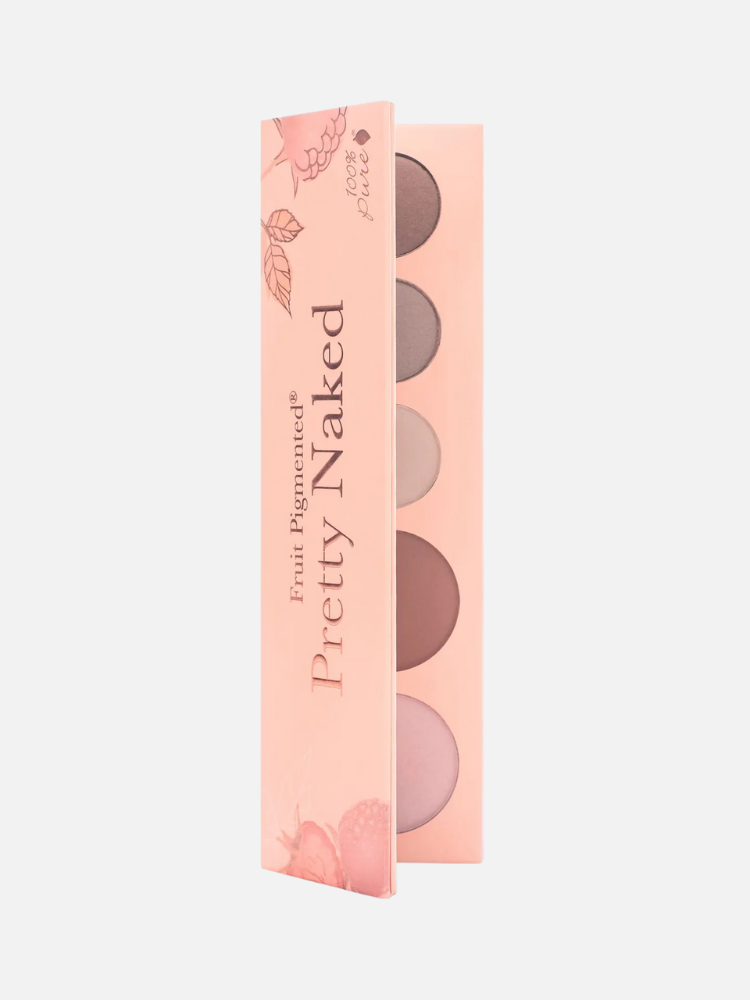 A pink eyeshadow palette labeled "Pretty Naked" with five neutral-toned shades, partially open to display the colors.