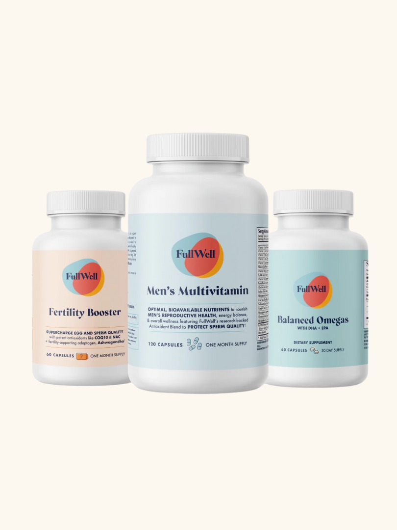 Three FullWell supplement bottles are displayed: Fertility Booster, Men’s Multivitamin, and Balanced Omegas, each labeled with product details and branding.