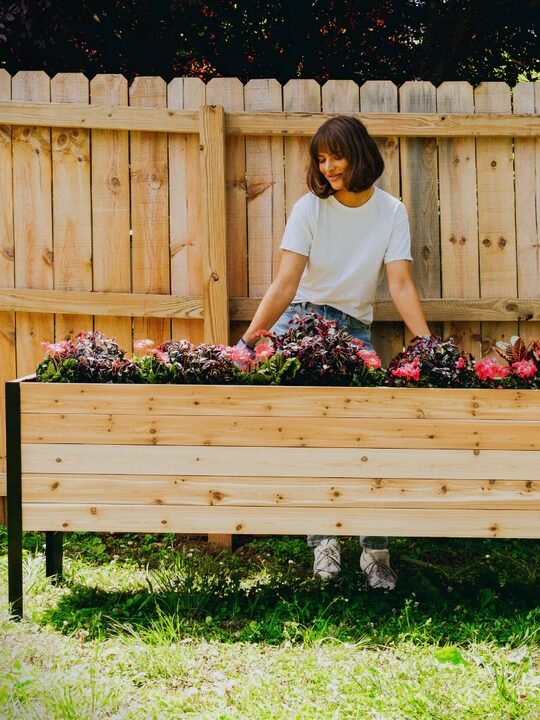 A person stands behind a wooden raised garden bed filled with colorful plants, in front of a wooden fence on a grassy lawn.